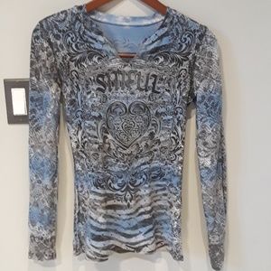 Sinful long sleeve blue filigree and tiger shirt
